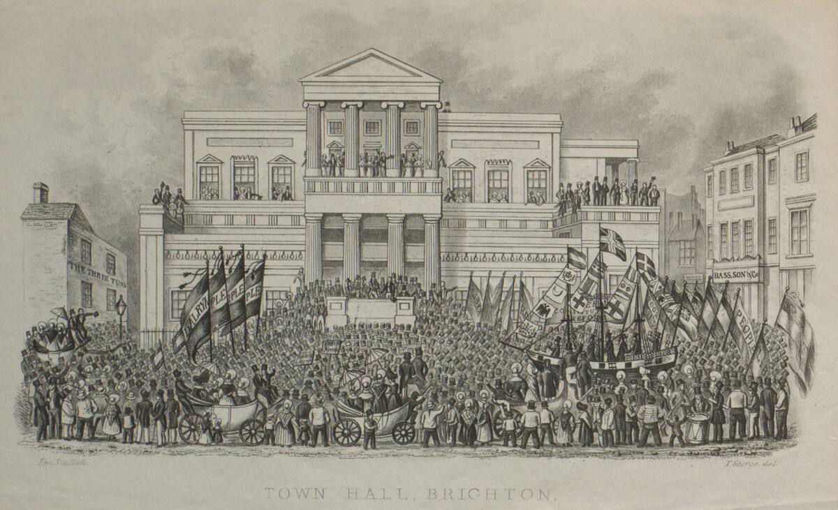 Print showing crowds gathered outside Brighton Town Hall