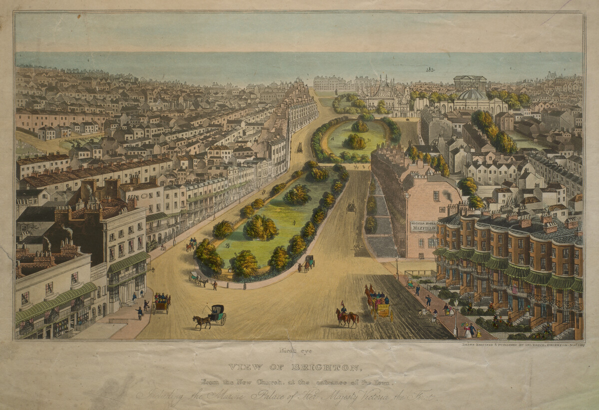 Print showing aerial view of Brighton looking towards the sea.