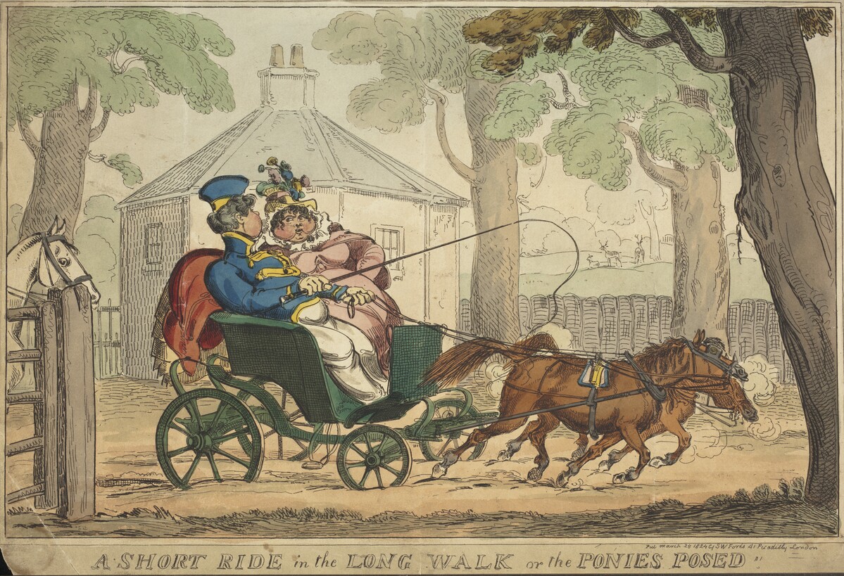 Caricature print showing an obese George IV and Lady Conyngham on a horse-drawn coach