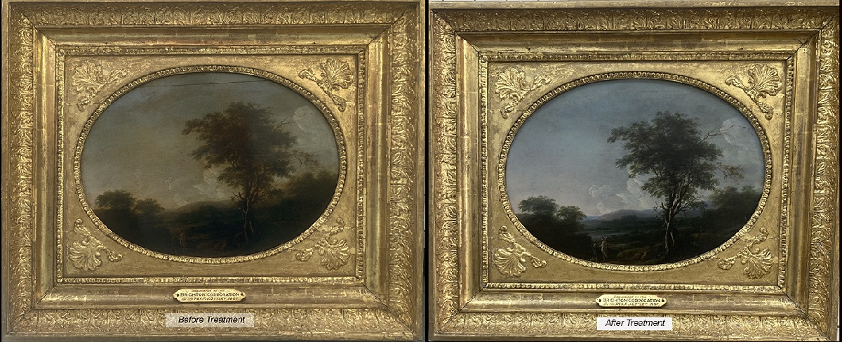 Landscape with figures of Tobias and the Angel c 1630. Before and after photographs show the lightened painting