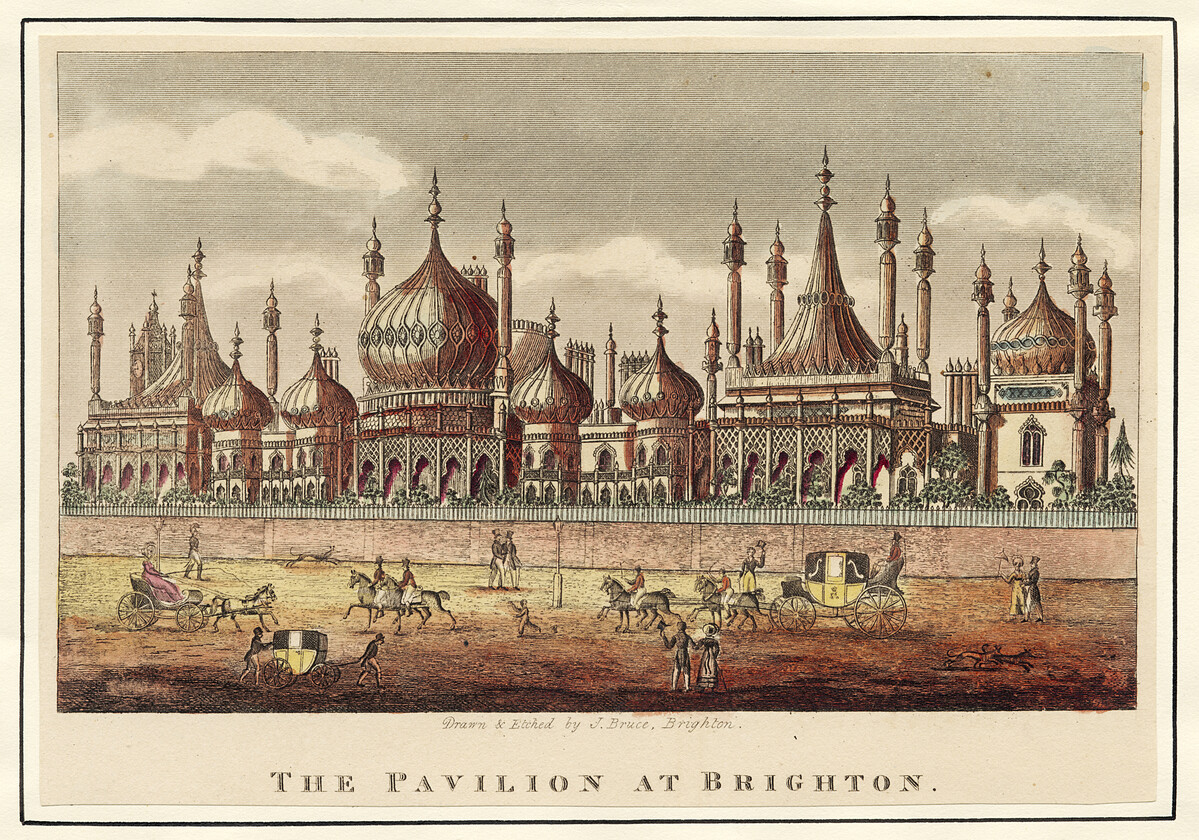 Colour print of Royal Pavilion, Brighton. View of exterior of building with several carriages and riders in foreground. 19th Century. bh400081