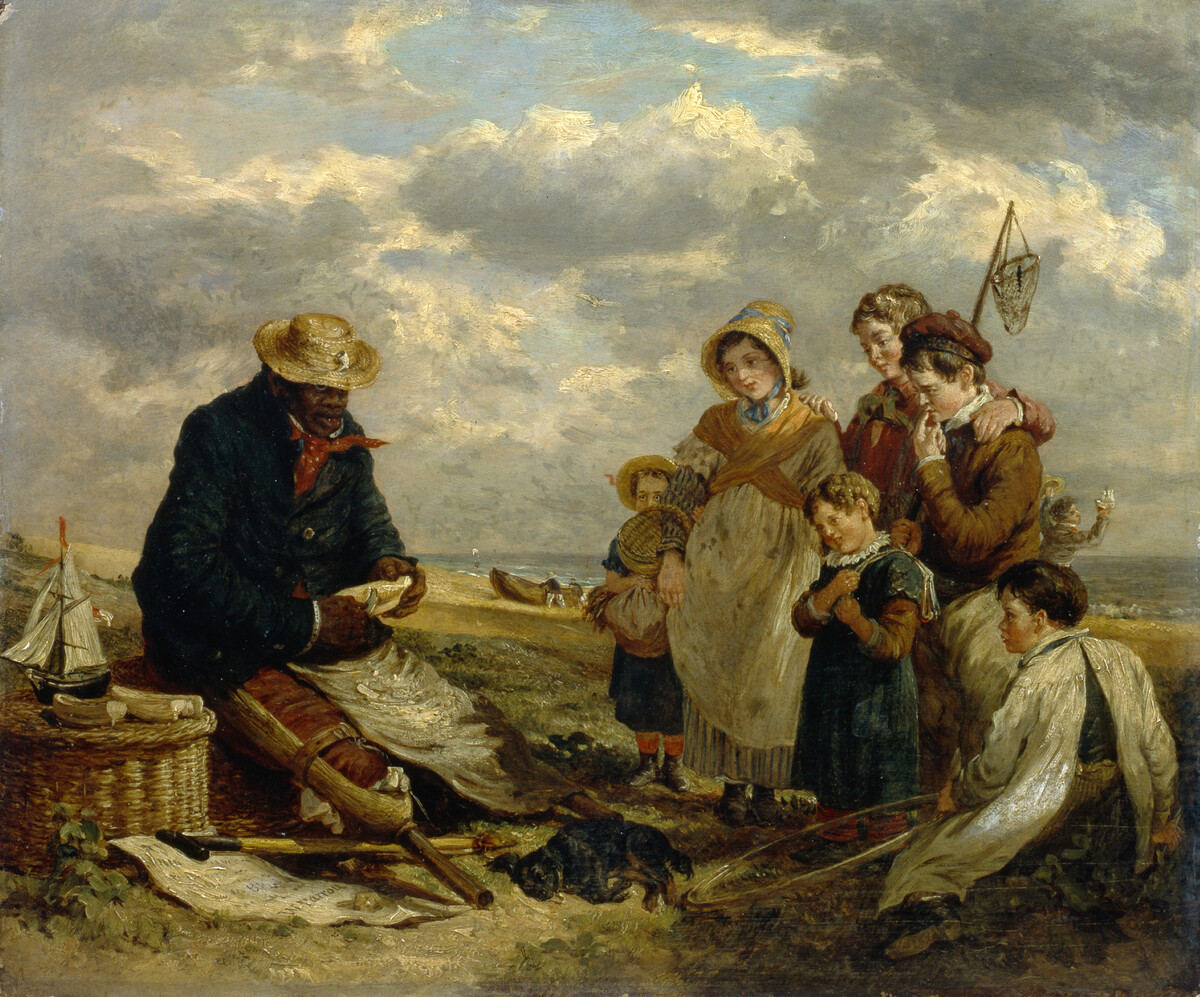 The Boatbuilder. Oil painting by William Parrott, 1851. Six children watch a man with a wooden leg, sitting on a beach, carve a boat model. At right a boy displays the finished article.