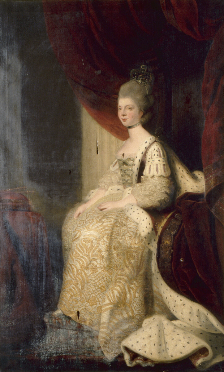 Oil painting from the Fine Art collection. "Queen Charlotte" by Joshua Reynolds, showing a portrait of the Queen seated on a throne. c.1765.