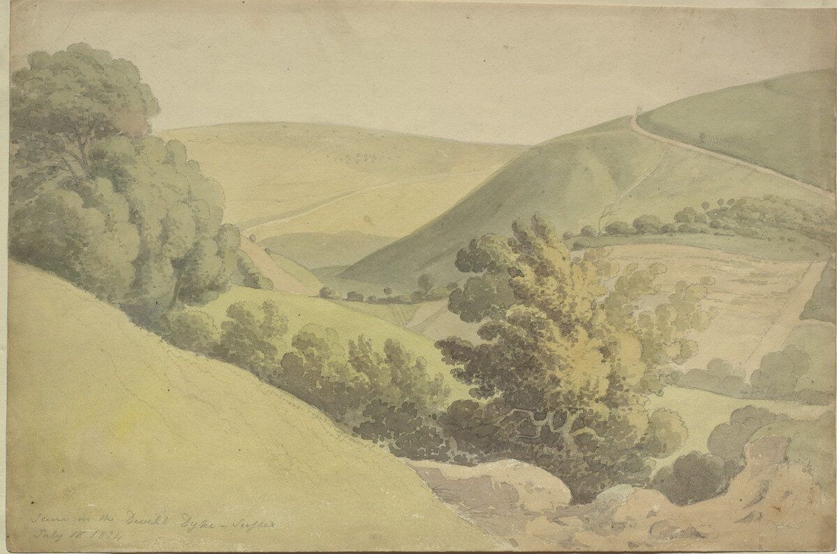 Scene in the Devil's Dyke, Sussex, English School, 1824. View down a wooded valley surrounded by Downland.