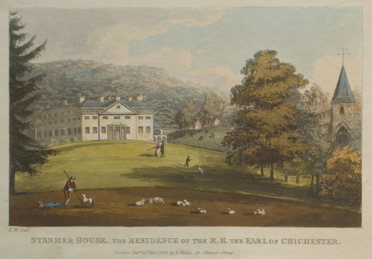 Stanmer House. The Residence of the R H the Earl of Chichester. Coloured Aquatint by E Wallis. In the foreground of this print a shepherd leans on his crook with a dog beside him, surrounding them are his sheep. Further away a man and woman stroll on a lawn. Nearby a boy plays with a dog. Behind them is a large house with a tree covered hill behind. To the right is a church behind some trees.