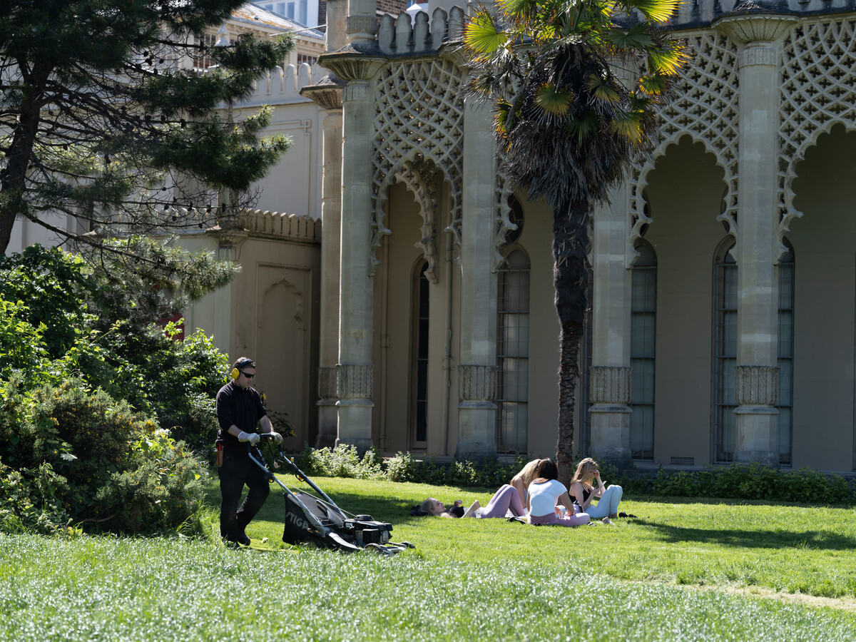 Head Gardener Rob, cuts the grass in the Royal Pavilion Garden