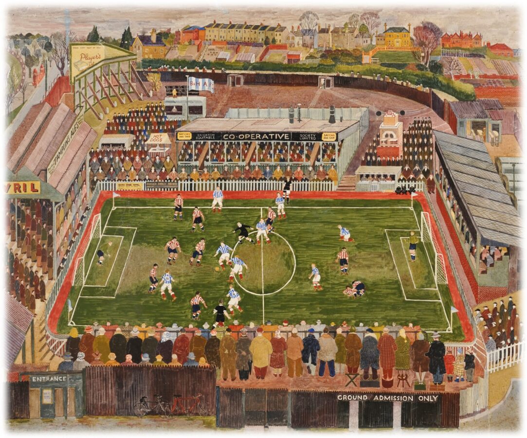 Saturday Afternoon by Fred Yates. Beautiful and vivid painting of the Goldstone Ground, Football stadium.