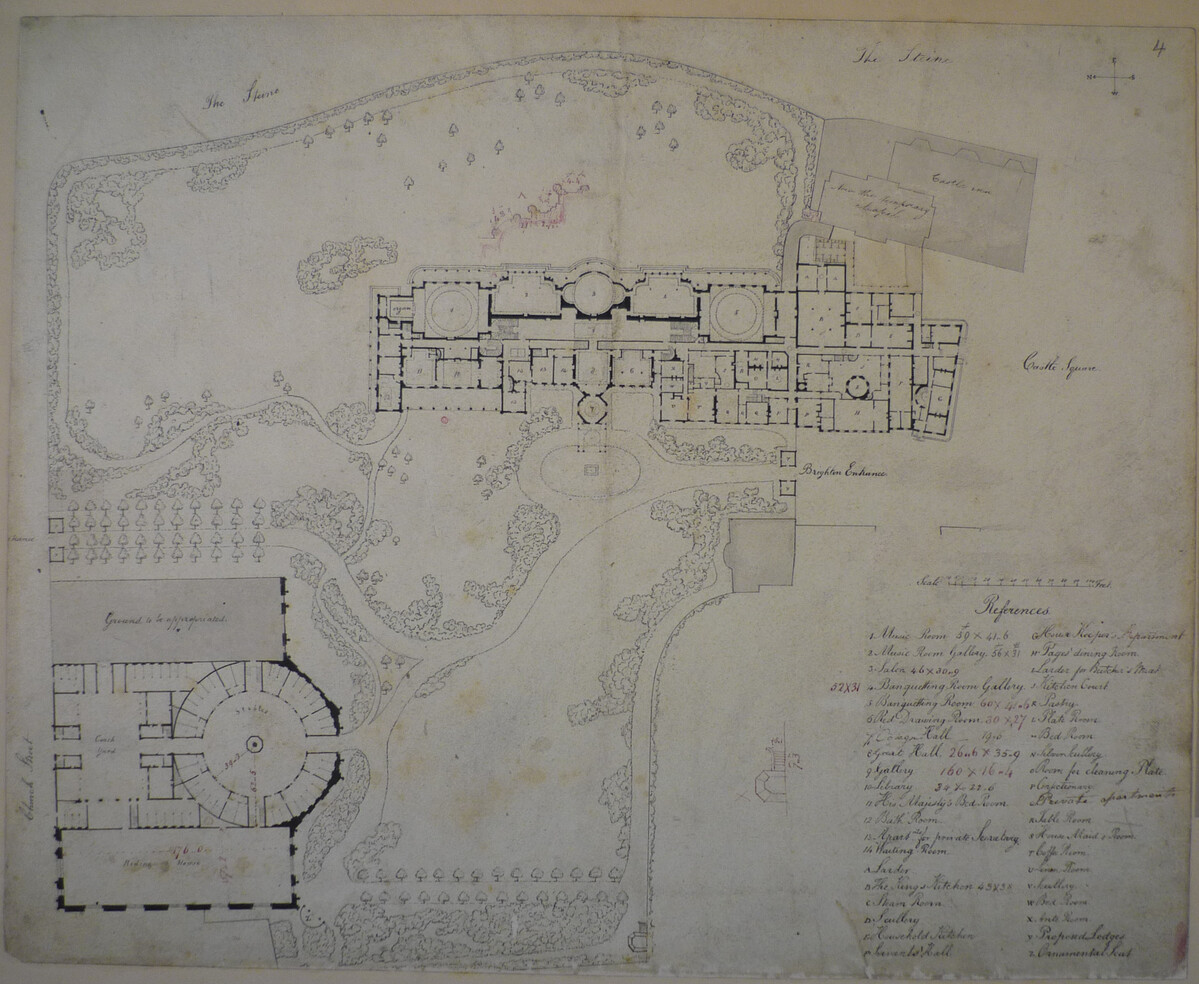 Ink and pencil drawing by Augustus Pugin showing ground plan of Royal Pavilion, Dome stables and gardens. 1820s.