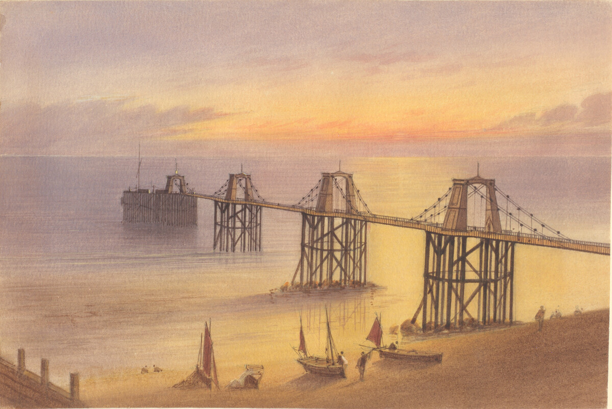 Old Chain Pier, Brighton (Sunset), William Alfred Earp, c1890. This shows the pier at low tide; showing the piles and foundations which are revealed beneath each of the pylons. In the foreground the red-sailed fishing boats are tended on the beach. fa100572