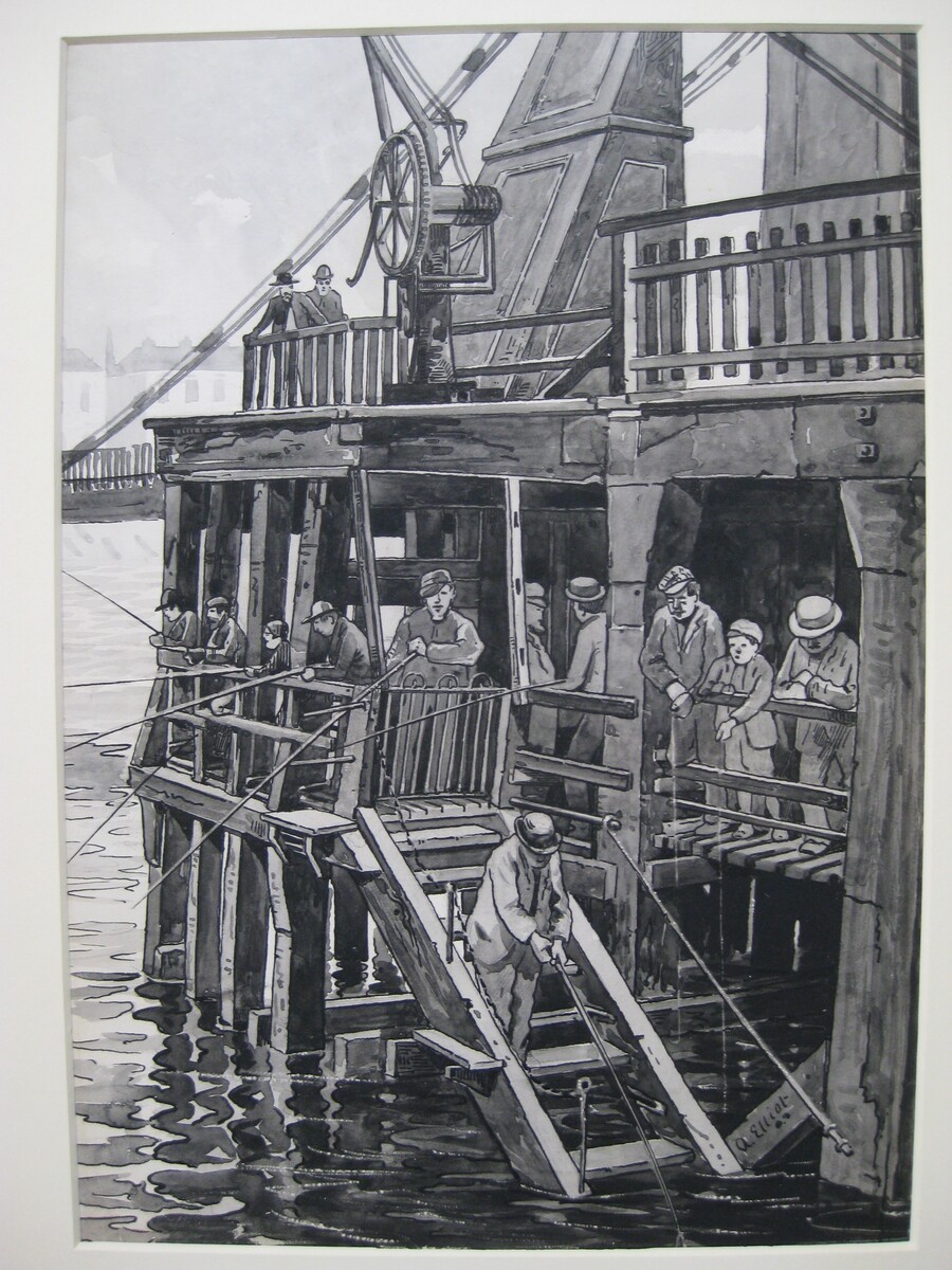 Chain Pier Brighton, The Fisherman's Platform, A Elliot, 1892. Men and boys fishing from a lower platform under the pier. fa100579