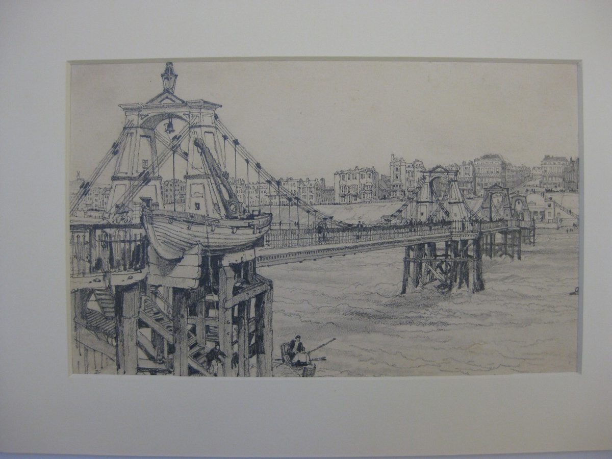 The Chain Pier, Brighton from the sea, Pencil Drawing, William Alfred Delamotte, c1854. The Chain Pier and seafront, Brighton, viewed from the sea. Rowing boat in sea beneath pierhead in the foreground bottom left. fa102777