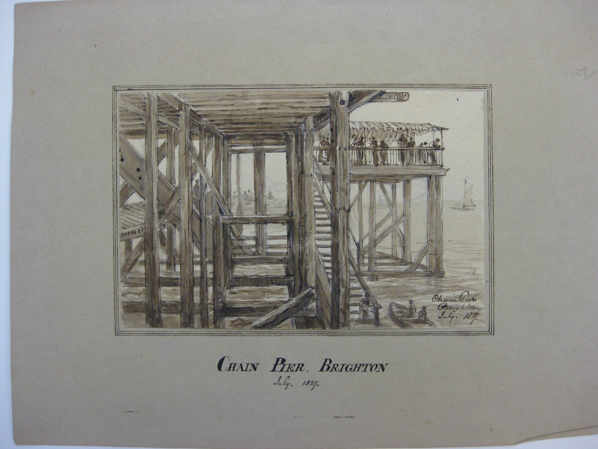 Chain Pier, Brighton, Pencil, Pen & Ink wash, Cecilia Markham, 1827. View from under the wooden structure of the Chain Pier showing people on the landing stage waiting for a boat. Below in the right foreground is a small boat with two people in it and another at the bottom of the steps. fa102813