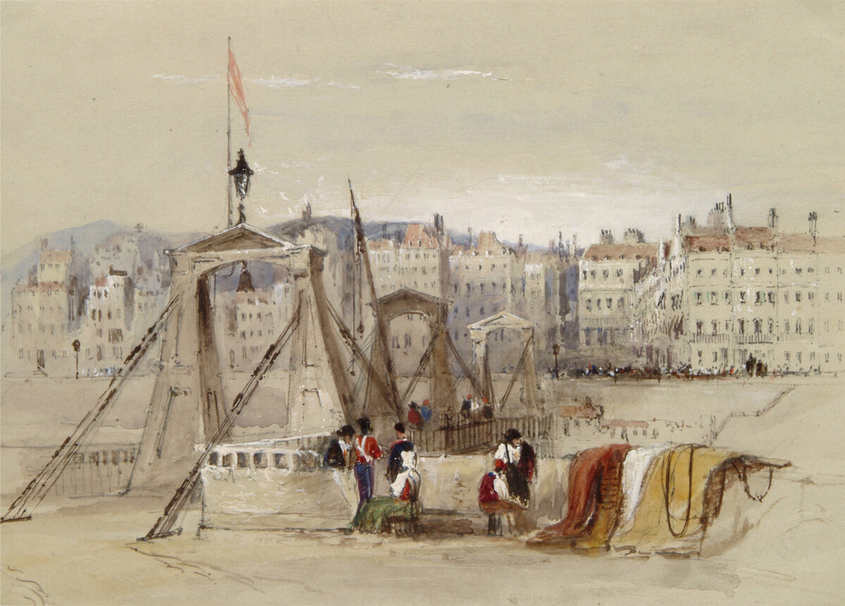 Chain Pier, Drawing (with paint), English School, 19th century. View from the end of the Chain Pier looking towards Brighton. Nets or bench awnings appear to be drying over side of the pier to right. Soldiers in uniform on pier head, Figures can be seen walking along the pier to left. Tall buildings in middle distance along the seafront. The Downs visible in the distance to left. fa103769