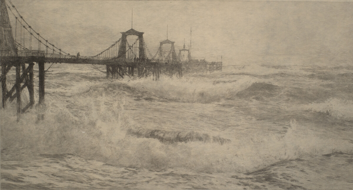 Chain Pier, Brighton. Etching, William L. Wyllie, c1890. fa202811. View of the Chain pier in rough sea from the west and looking south, a man can be seen on the platform.