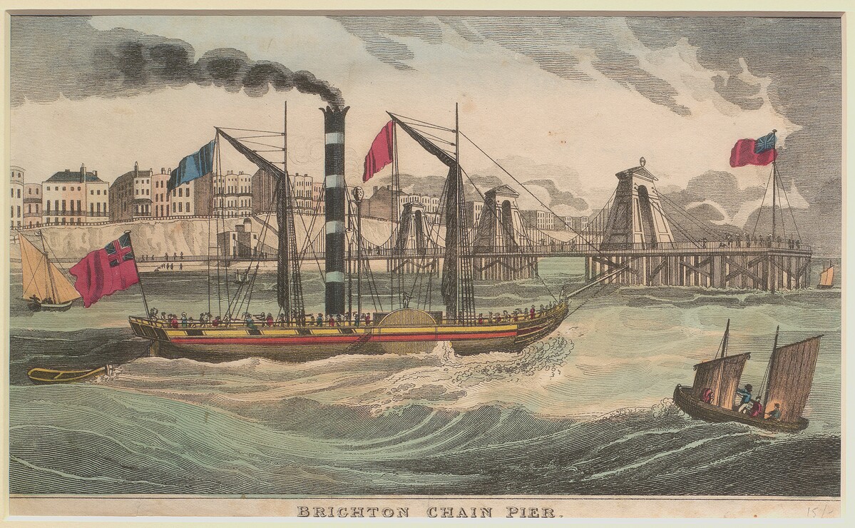 Brighton Chain Pier, Wood Engraving, c1830. View of paddle steam ship passing the Chain Pier. fa207898