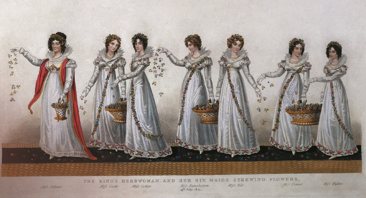 The Herbstrewers. Coloured aquatint from George Nayler’s The Coronation of His Most Sacred Majesty King George the Fourth, 1837. Credit: Rare Books and Special Collections, Brighton & Hove Libraries