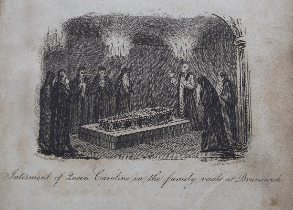 Interment of Queen Caroline in the family vault at Brunswick. The coffin lies in the candlelit vault as people stand around weeping during the funeral.