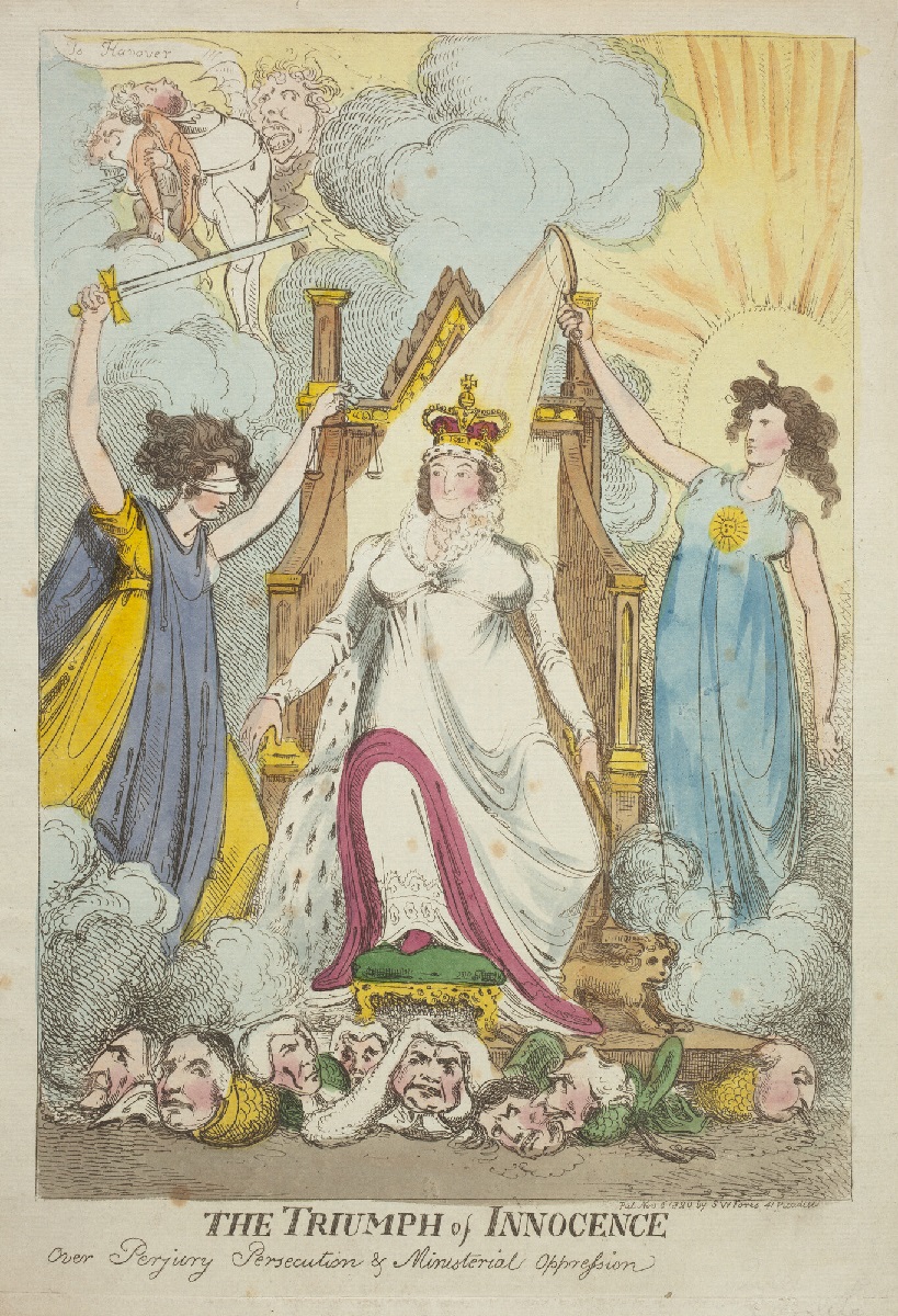 The Triumph of Innocence, November 1820. Shows Queen Caroline seated on a throne, while crushing the ministers of Lord Liverpool's government.