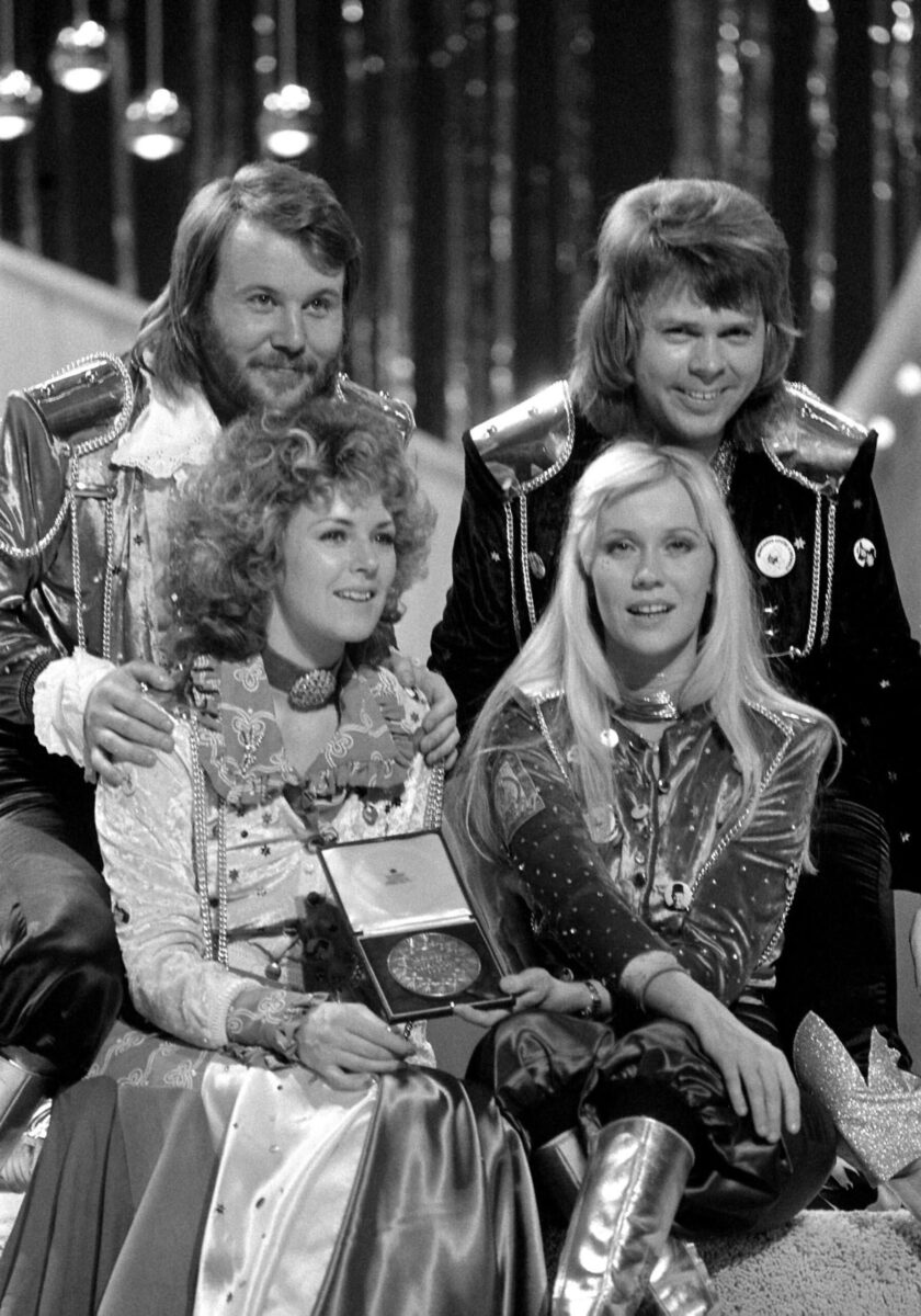 The pop group Abba congratulate each other in Brighton after winning the Eurovision Song Contest for Sweden with "Waterloo", sung by the girls, Annifrid Lyngstad (Frida), second left, and Agnetha Faltskog (Anna). The other group members, Benny Andersson, left, and Bjorn Ulvaeus, composed the song. 7th April 1974