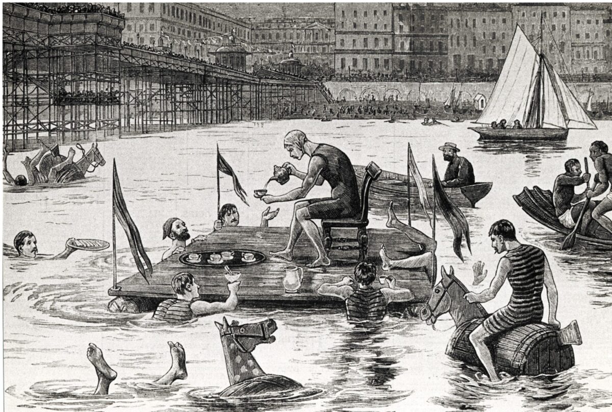 Aquatic Tea Party by the West Pier. Print of an aquatic tea party by Brighton's West Pier, late 19th century. A seated man on a raft pours tea while swimmers, and people riding on mock horses made from barrels gather around.