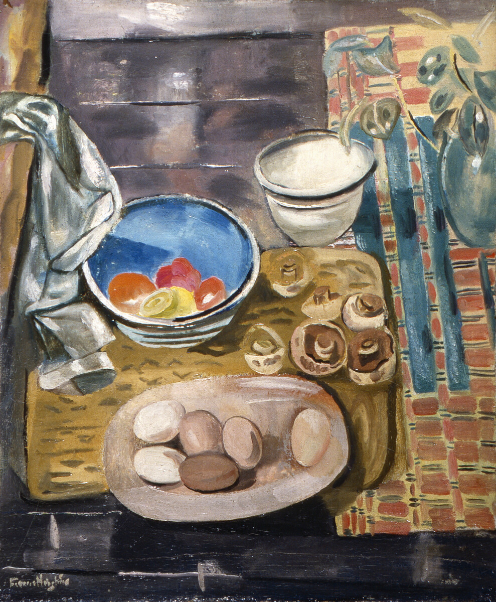 Still Life of Eggs, Tomatoes and Mushrooms, c.1928, by Frances Hodgkins. fah1940.92
