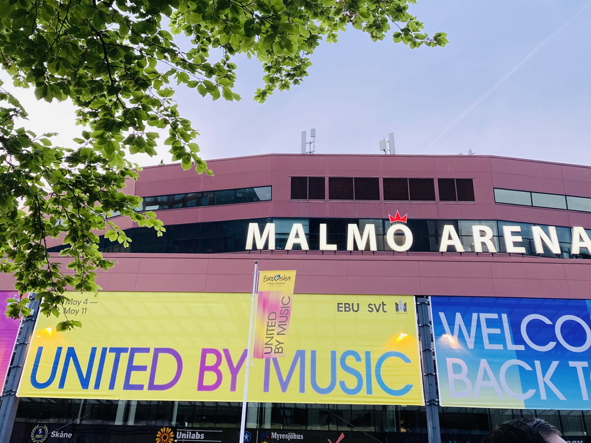 The Mammo Arena in Sweden. The exterior displays Eurovision banners