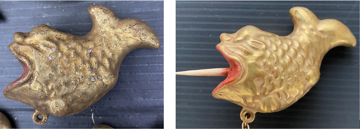 Left: A ty[pical example of the surface of the ornaments as found with over-gilding. Right, after cleaning to reveal the original fired lustre gilding