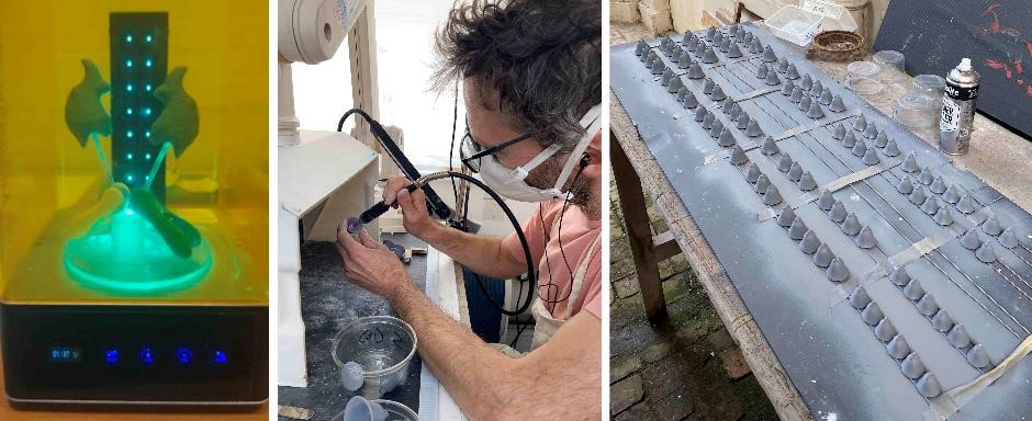 Left: Two fish prints in final UV curing stage after supports have been removed and thorough rinsing, photo credit Aiva Vaisnoras, Middle: Refining bells to remove imperfections using a Dremel rotary tool, Right: Primer applied to bells ready for decorating.