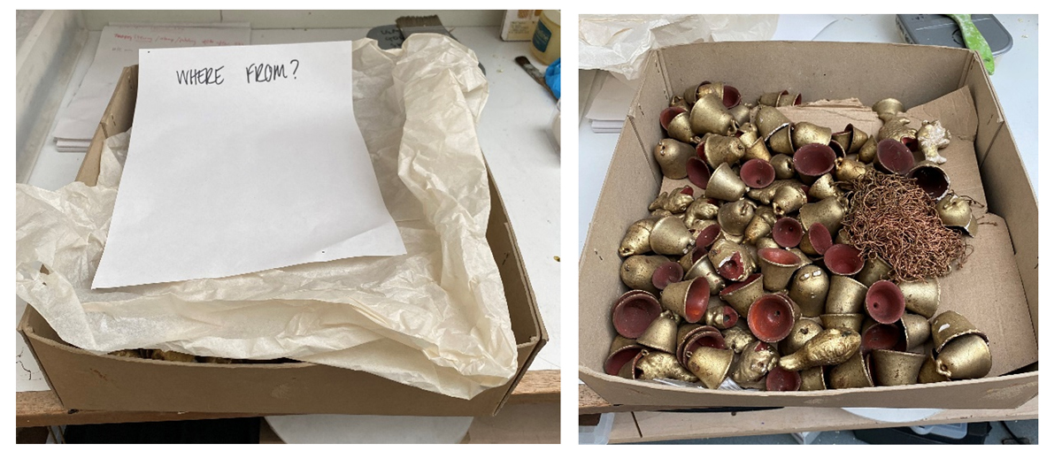 Left: box with ‘where from’ note left by an earlier conservator, Right: uncovered box of missing ornaments