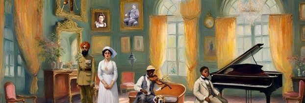 Digital artwork by Suchitra Chatterjee showing a bright room with large windows, a crystal chandelier, a piano, and four figures: a child, Tom Wiggins (Musical Prodigy and Autistic Savant), a fiddler, Billy Waters (former Sailor and London Busker), Princess Sophia Duleep Singh (Indian royalty, suffragette, freedom fighter, and nurse), and an Indian solder.