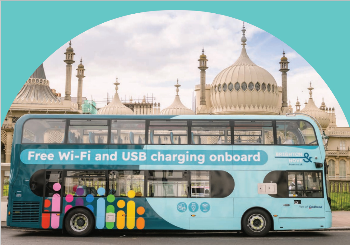 Travel Smart Travel Safe – Brighton & Hove Buses. Image of Bus outside of the Royal Pavilion