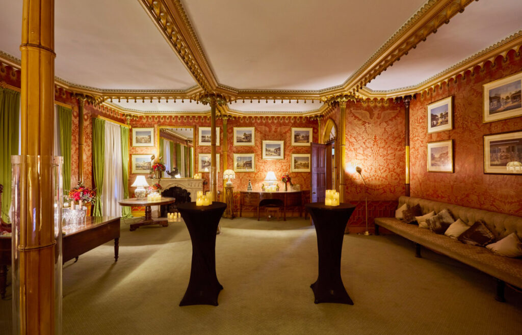 Red Drawing Room set for an evening reception