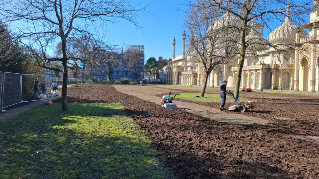 The rotavator in use on the East Lawn of the Royal Pavilion Garden to loosen the compacted soil
