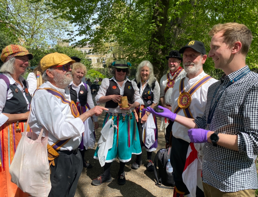 Brighton Morris Men and Cuckoo's Nest dancing in Royal Pavilion Gardens earlier as pert of their May Day festivities.