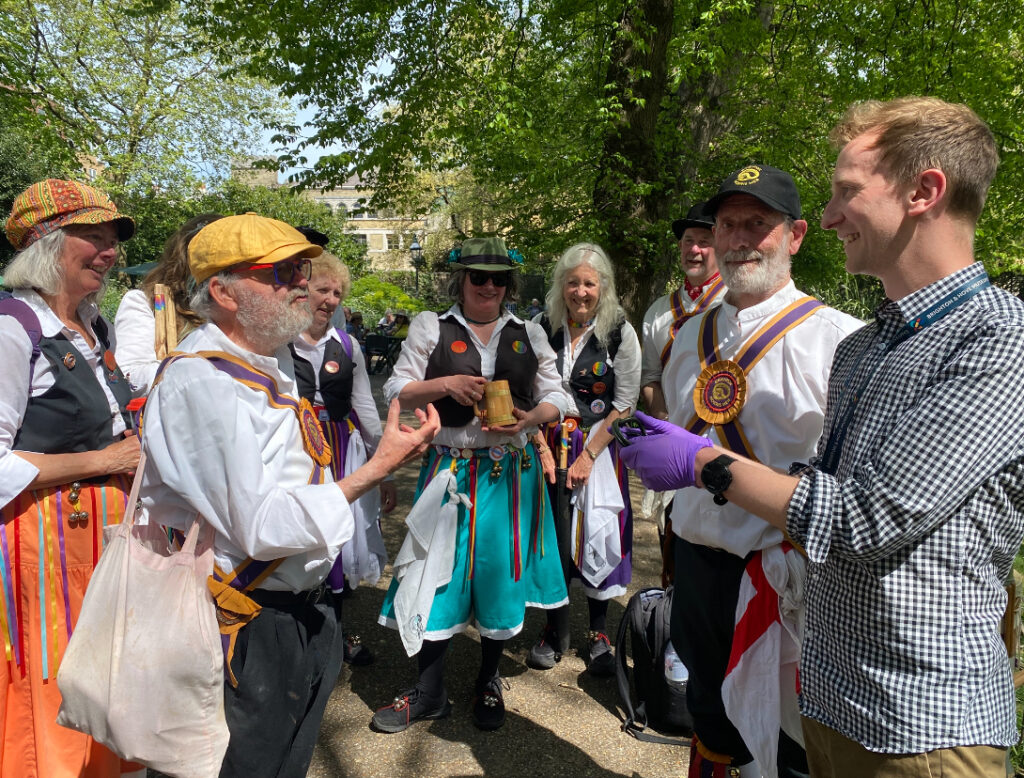 Brighton Morris Men and Cuckoo's Nest dancing in Royal Pavilion Gardens earlier as pert of their May Day festivities.