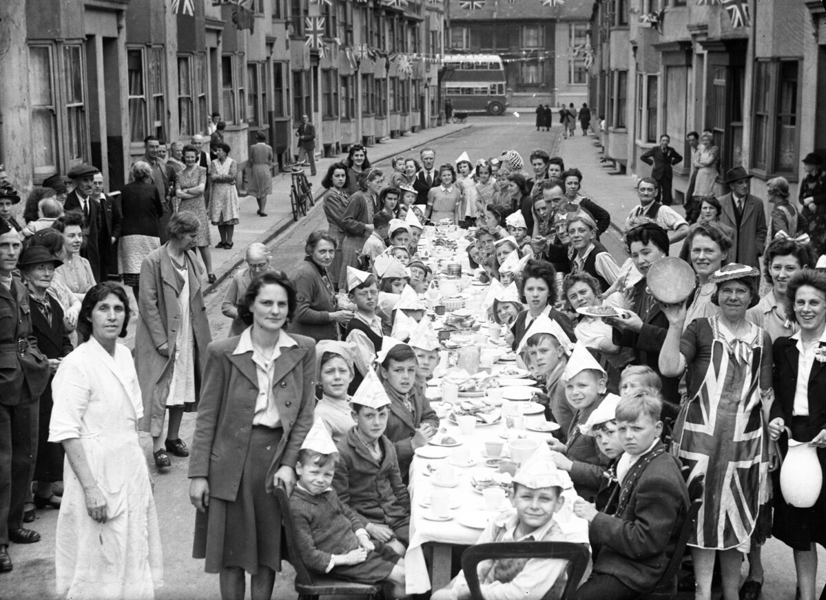 An open air street party in St Pauls Street, Brighton. 12th May 1945