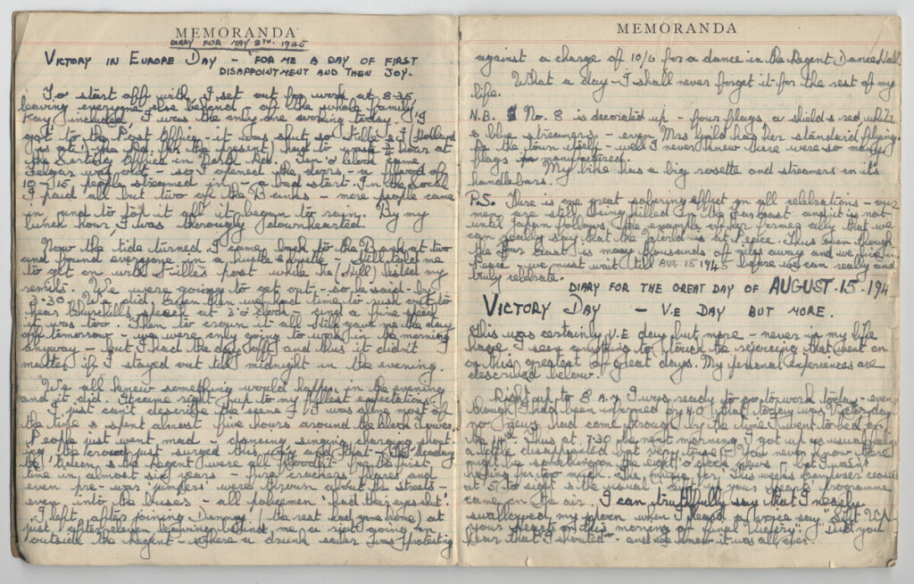 The Leader Diary for 1945 belonging to Tony Simmonds. Memoranda pages completed with entry regarding Victory in Europe (VE Day) and Victory over Japan (VJ Day).
