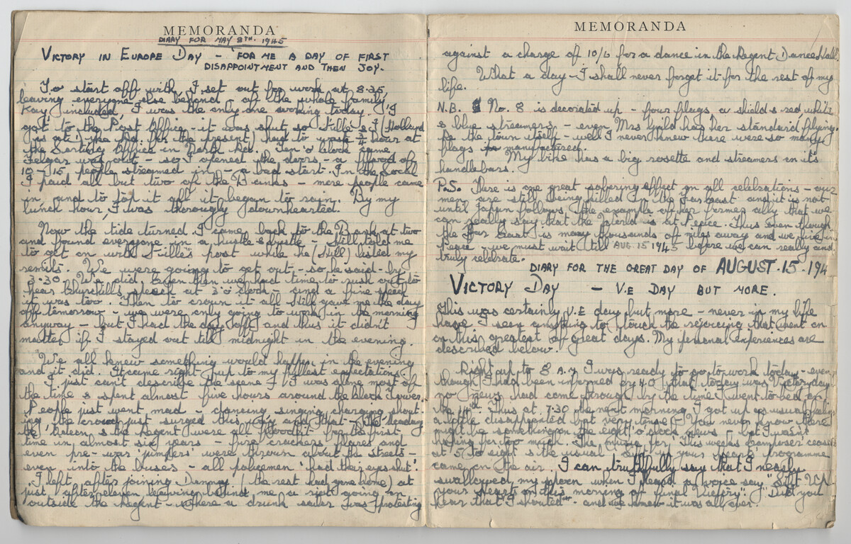 The Leader Diary for 1945 belonging to Tony Simmonds. Memoranda pages completed with entry regarding Victory in Europe (VE Day) and Victory over Japan (VJ Day).