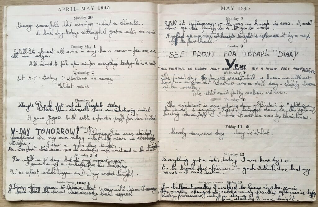 The Leader Diary for 1945 belonging to Tony Simmonds. Monday 30 April - Sunday 13 May covering Victory in Europe (VE Day).