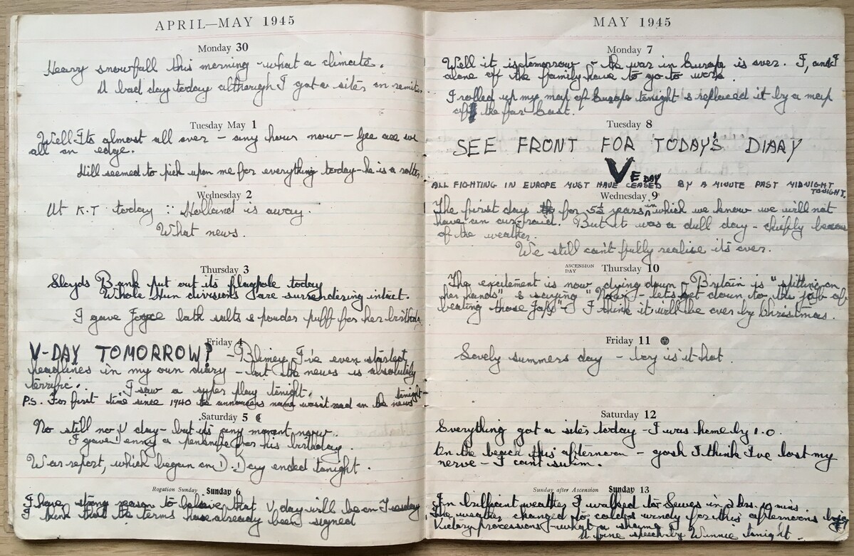 The Leader Diary for 1945 belonging to Tony Simmonds. Monday 30 April - Sunday 13 May covering Victory in Europe (VE Day).