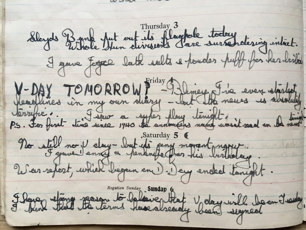 The Leader Diary for 1945 belonging to Tony Simmonds. Thursday 3 May - Sunday 6 May preceding Victory in Europe (VE Day). Detail showing Friday 4 May - 'V-Day tomorrow?'.