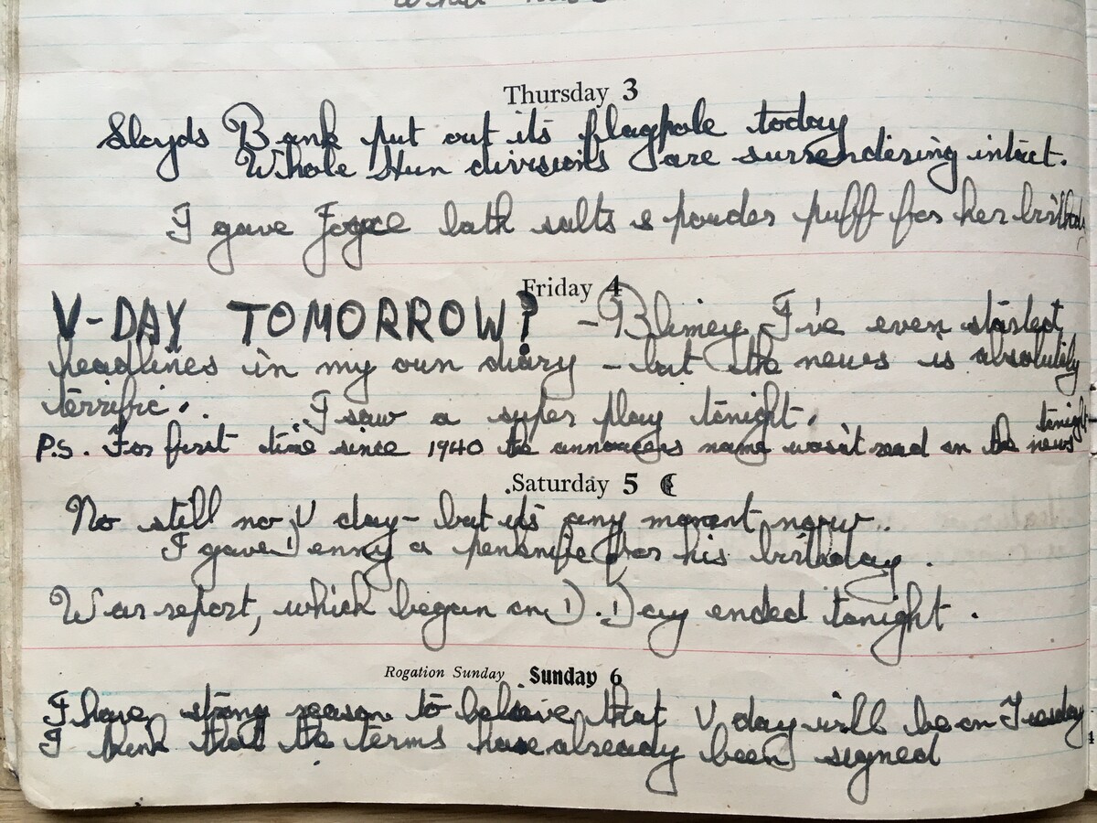 The Leader Diary for 1945 belonging to Tony Simmonds. Thursday 3 May - Sunday 6 May preceding Victory in Europe (VE Day). Detail showing Friday 4 May - 'V-Day tomorrow?'.