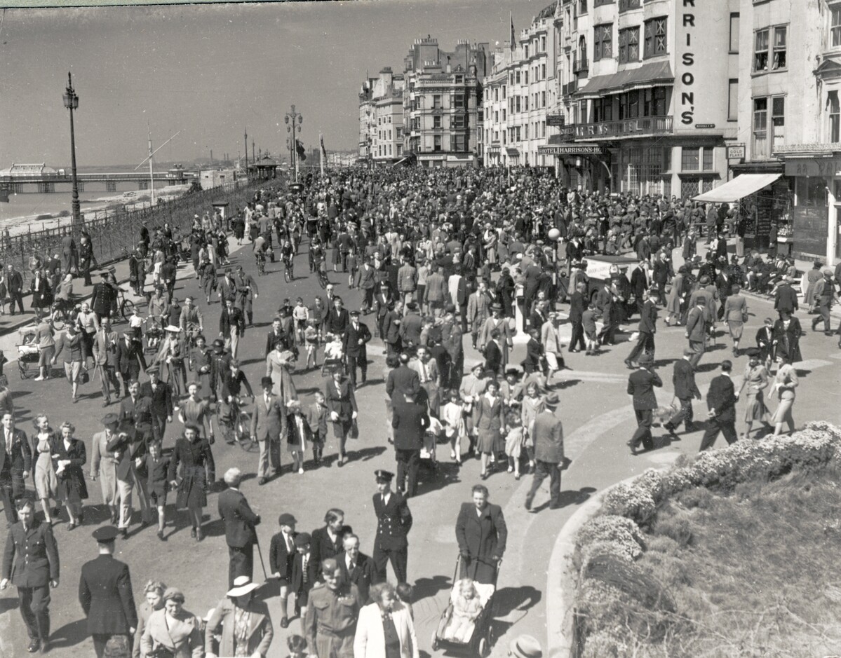 Crowds in Kings Road, Brighton possibly on VE Day or the days following