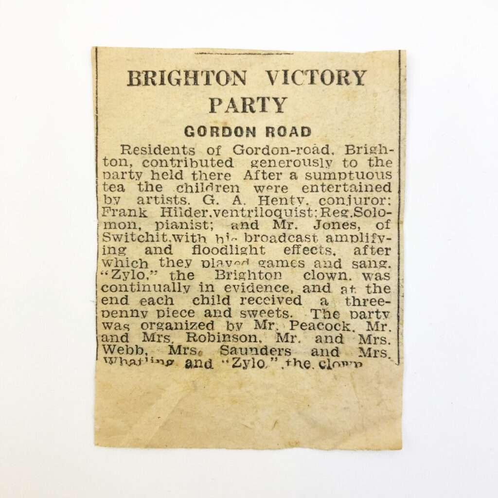 Newspaper cutting about a Victory Party held in Gordon Road, Brighton on Thursday 7 June 1945.