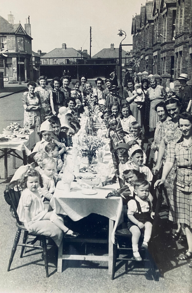 Black and white photograph of VE Day celebrations in Ruskin Road, Hove.