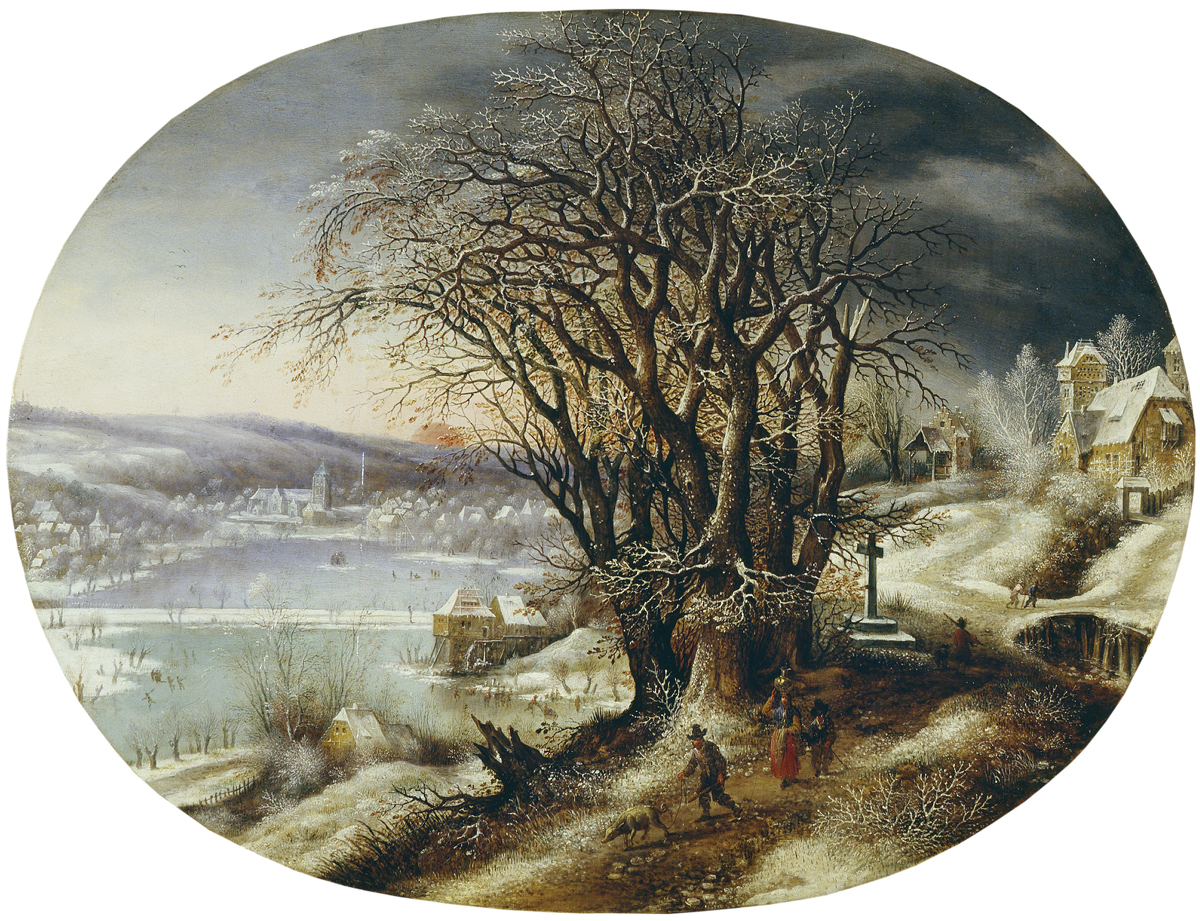 Winter Landscape with Distant Village. Oil painting by Denys van Alsloot, c1610.
