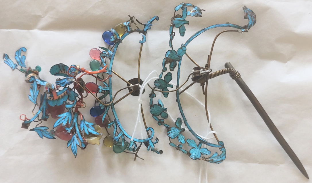 Head ornament with beads and kingfisher feather decorations_