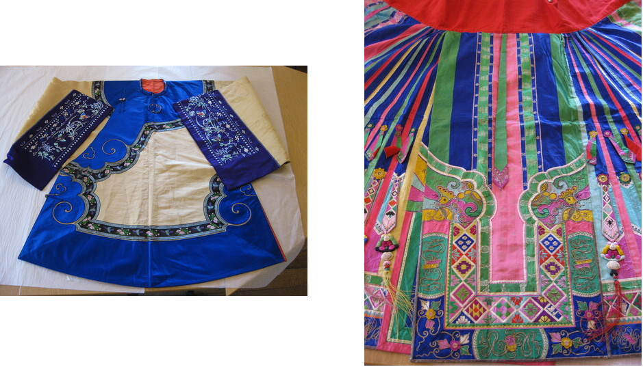 (L) Bright blue Chinese silk jacket with embroidery floral design (R) Pleated Chinese silk skirt, apron