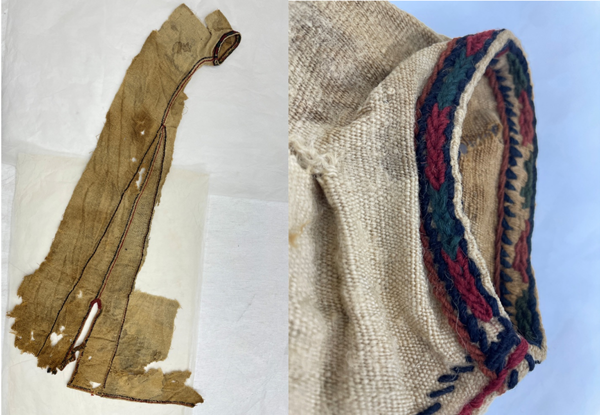 HA282034. Ancient Coptic textile, Islamic Period (641-1517CE), Hawara. Part of a child's tunic with wool embroidery, with detail of the sleeve decoration.
