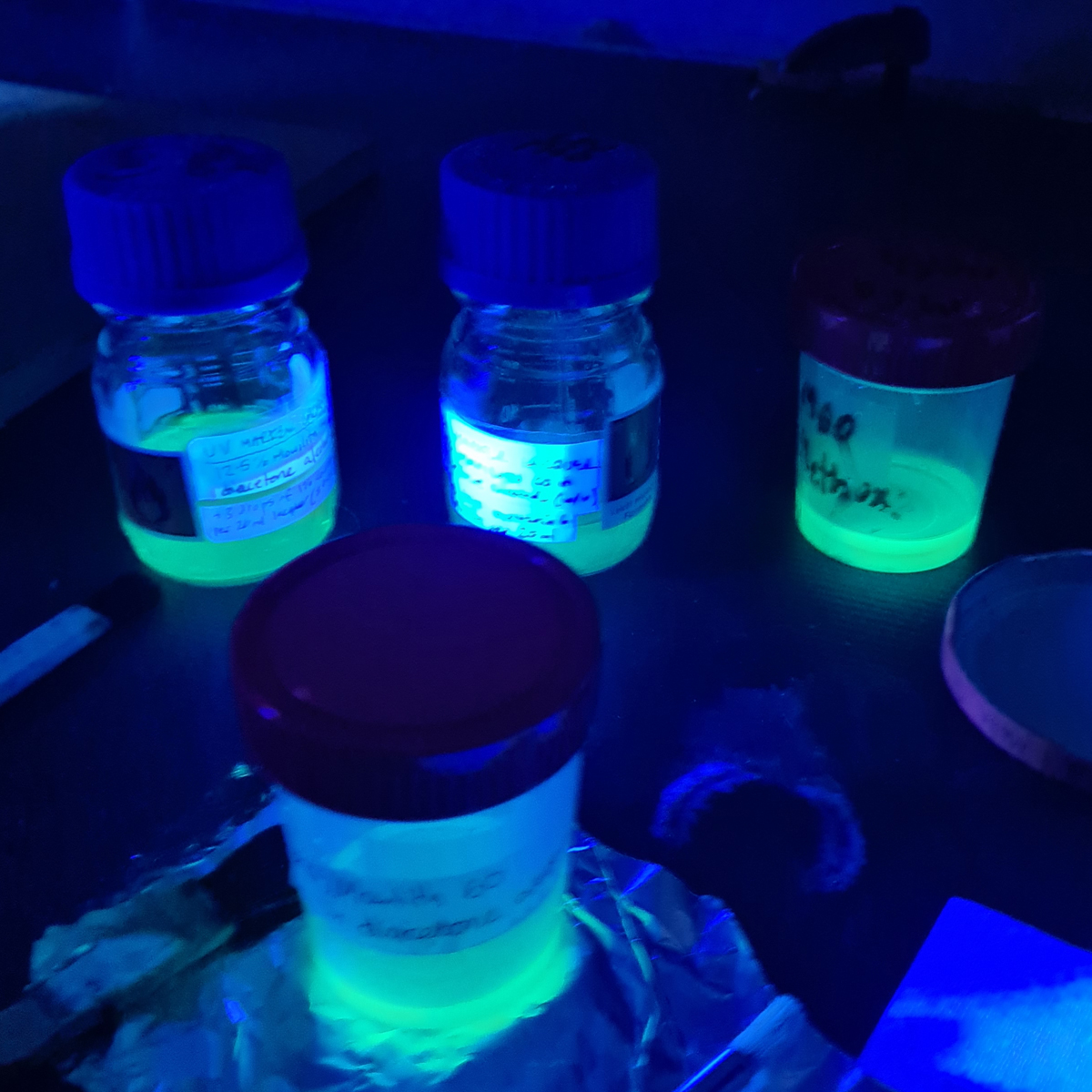 Lacquer fluorescing under UV light